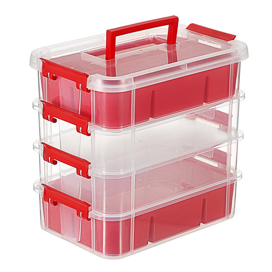 JUXYES 4-Tiers Stack Carry Storage Box With 2 Divided Tray, Transparent Stackable Storage Bin With Handle Lid Latching Storage Container for School & Office Supplies, Red