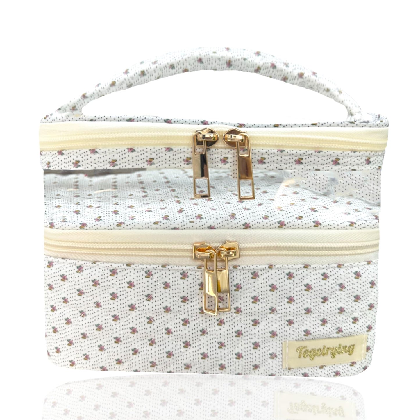 Tegelrying Travel Makeup Bag,Double Layer Large Cotton Quilted Makeup Pouch Soft Cosmetic Organizer with Handles,Cute Make up Case Toiletry Bags for Women,White Flroal