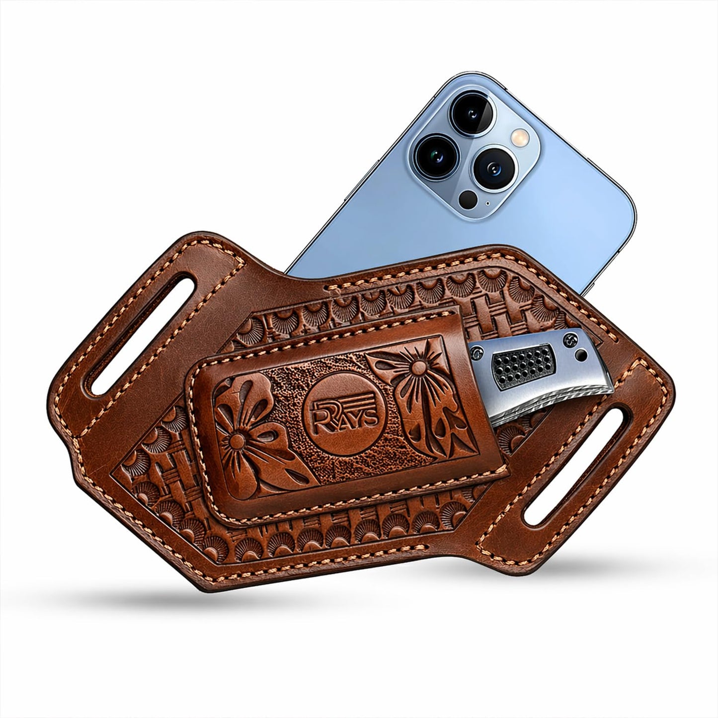 Leather Knife Sheath for Belt Pocket Folding Knife Holder Compact Draw Knifes Carrier EDC Tools Holster (Sheath with Mobile Holster)