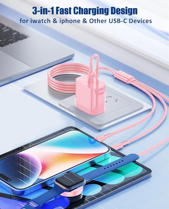 for Apple Watch Charger 6FT, 3 in 1 Magnetic Smart iWatch Fast Charger Cable with 20W Type C Wall Charger Block for Apple Watch Series Ultra/SE/9/8/7/6/5/4/3/2/1 & iPhone15/14/13/12/11 (Pink)