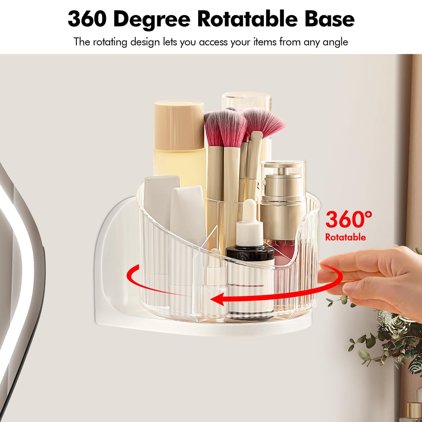 Poeland Wall Mounted Makeup Brushes Organizer, 360 Rotating Makeup Holder with 6 Compartments for Skincare Products, Makeup Brushes