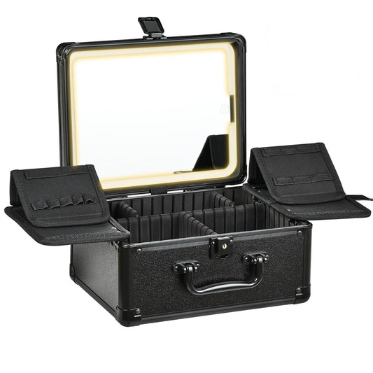 GALHUBIS Makeup Case with Lighted Mirror, Makeup Box Organizer with Detachable LED Mirror, Travel Makeup Train Case, Waterproof Cosmetic Organizer, Standing Makeup Brush Holder, Gift, Black