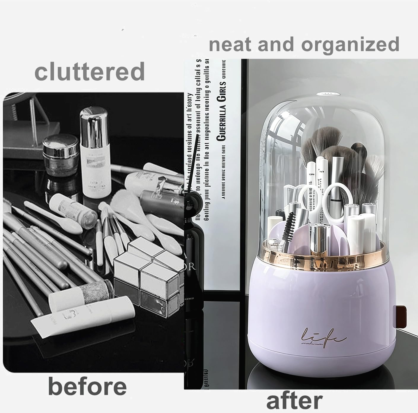 YZEASYPINK 360 Rotating Makeup Brush Holder with Lid Clear Dustproof Make Up Organizers for Vanity Countertop Includes a Foldable Bowl for Cleaning Makeup Brush,Transparent, Dustproof-Purple