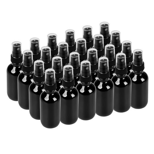 BILLIONSTARS 24 Pack 2oz Glass Boston Round Bottle with Fine Mist Sprayer - UV Black - Essential Oils, Bath, Beauty, Hair & Cleaning - Leakproof Travel Bottles