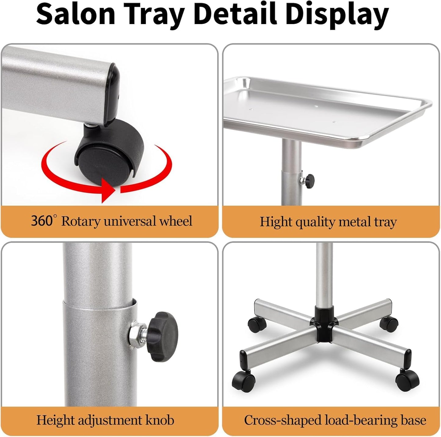 Salon Tray, Salon Color Tray with Adjustable Height, Metal Feet Tray on Wheels, Ideal Use As Tattoo Tray＆Dental Tray