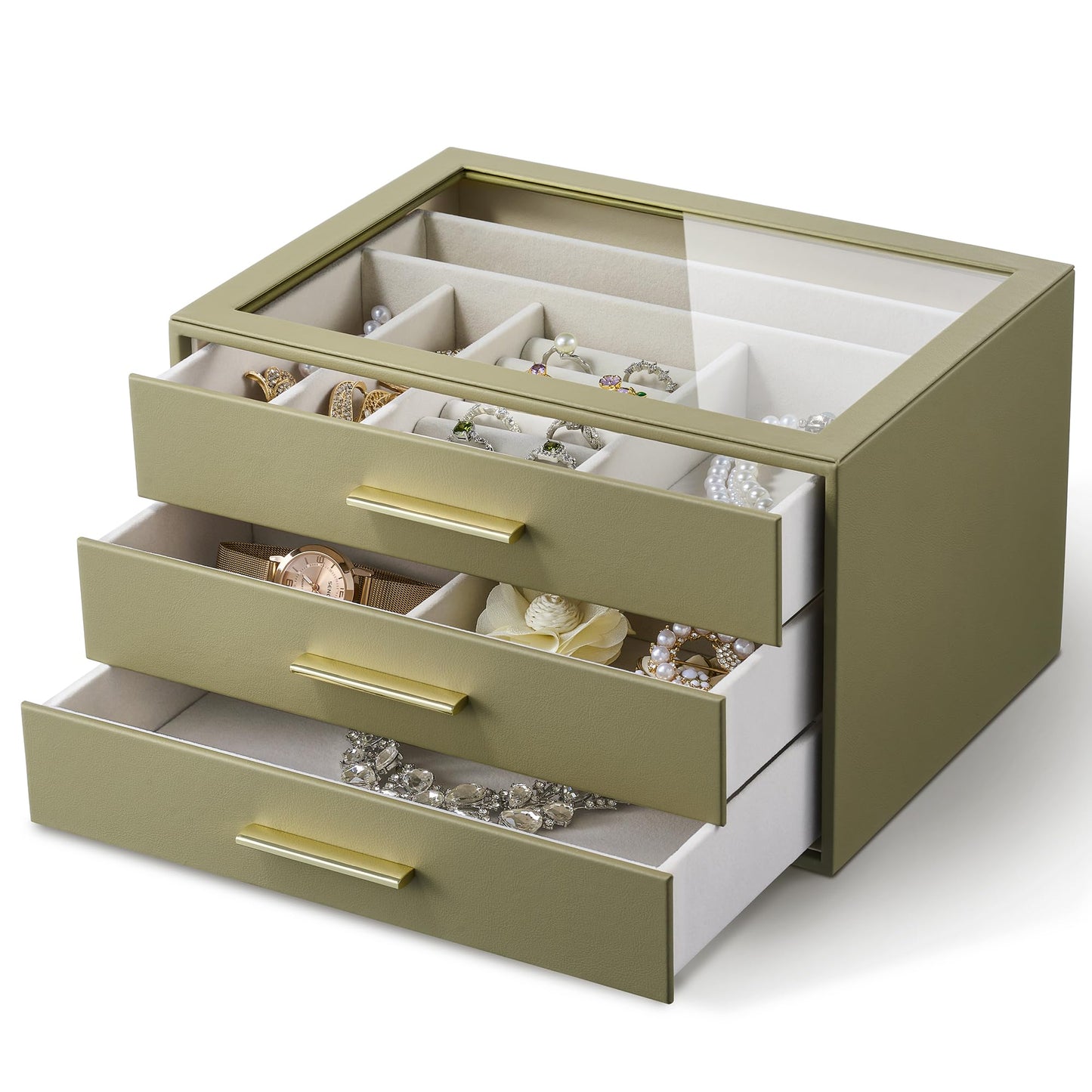 Jewelry Box Organizer Case for Women: 3-Layer Jewelry Storage Case with Glass Window, Olive Green Leather with Cream Velvet, Holder for Ring Necklace Bracelet Brooch Watch, Great Gift for Her