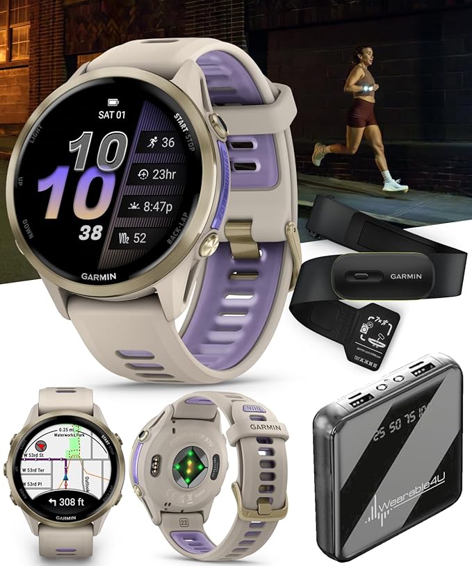 Wearable4U Garmin Forerunner 970 Soft Gold Titanium Smartwatch with French Gray Case and French Gray/Translucent Indigo Band, AMOLED Display with Garmin HRM 600 M-L Power Bank Bundle