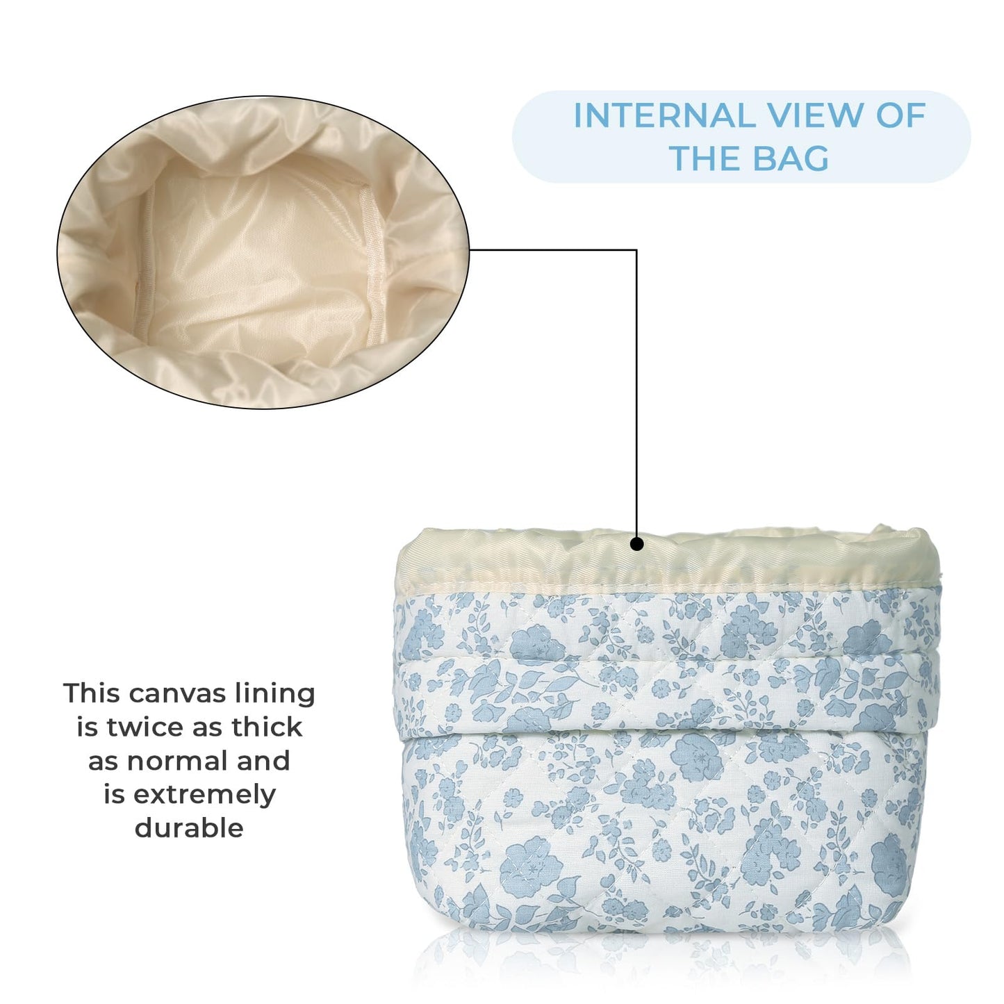 Gosect Makeup Bag, 2pc Quilted Cosmetic Bag Set, Drawstring Makeup Bag with Canvas Lining + Large Floral Toiletry Bag for Women Girls, Cute Cotton Flower Travel Organizer Bag (Blue Flowers