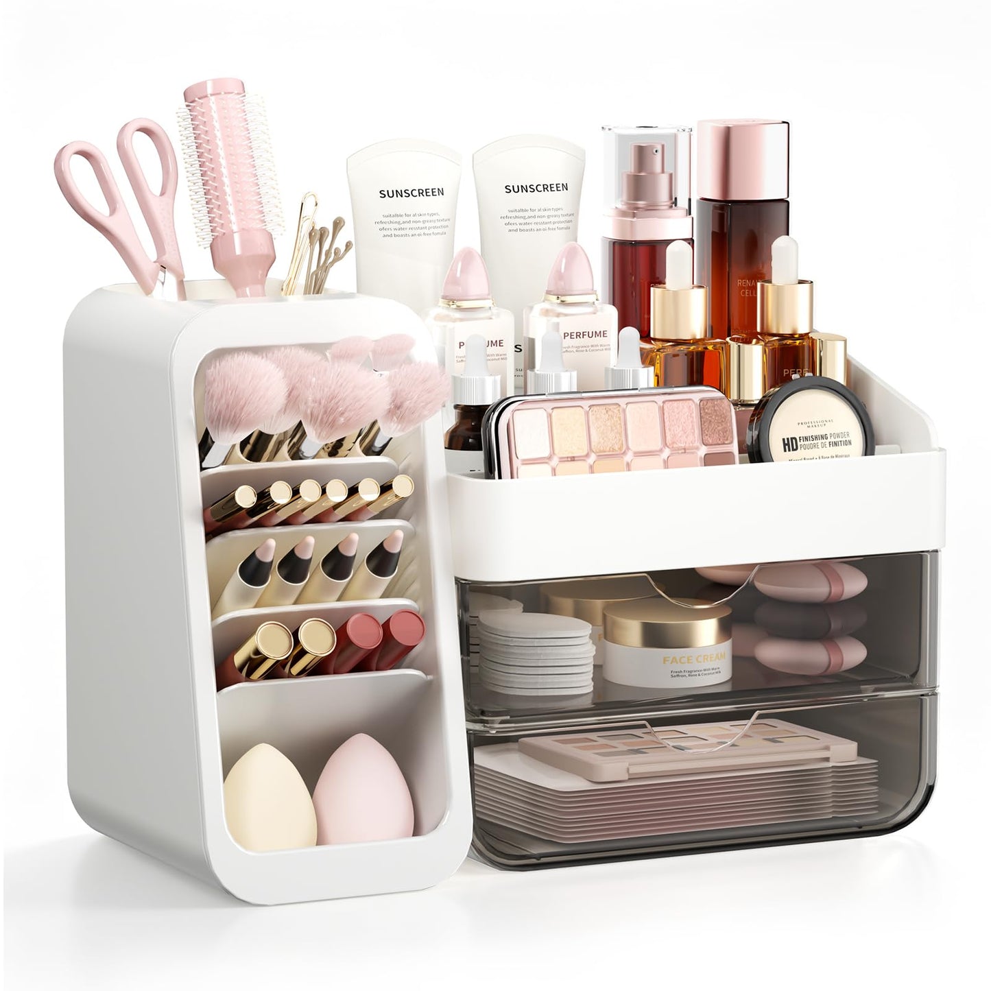 Makeup Organizer for Vanity with 5 Adjustable Dividers & 2 Clear Drawers, Large Make Up Brush & Perfume Holder, Cosmetic Display Cases Skincare Storage for Bathroom Countertop, Office Desktop, Pantry