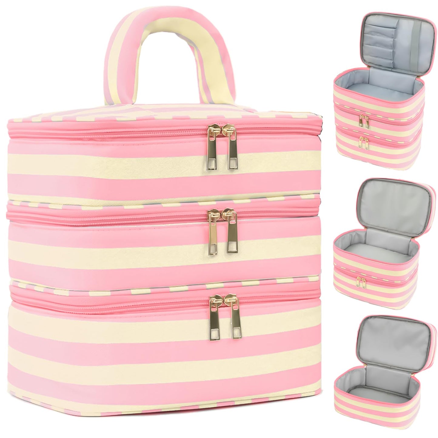 Apxouans Three Layer Makeup Bag for Women Fashion Stripes Cosmetic Bag Preppy Style Travel Water-Resistant Toiletry Bag for Storage Toiletries Cosmetics Sets for Women Teen Girls Pink