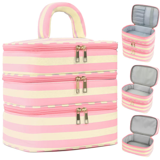 Apxouans Three Layer Makeup Bag for Women Fashion Stripes Cosmetic Bag Preppy Style Travel Water-Resistant Toiletry Bag for Storage Toiletries Cosmetics Sets for Women Teen Girls Pink