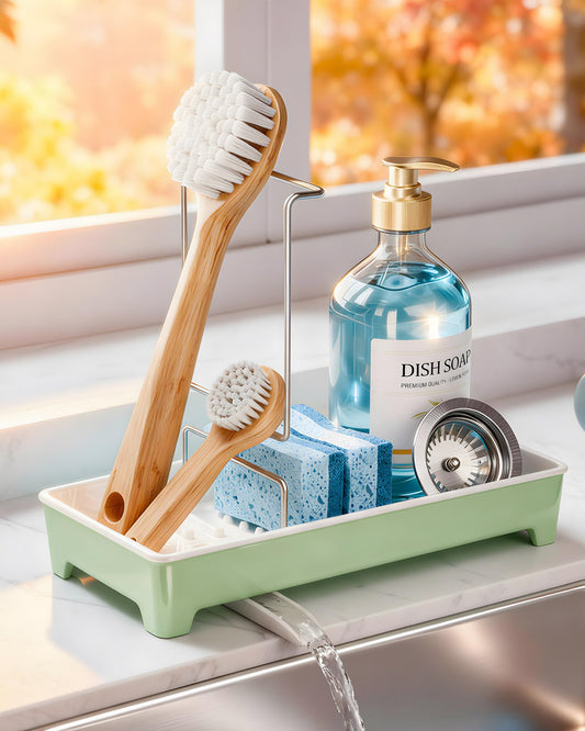 Caumic Minimalist Sink Caddy, Rustproof Sponge Holder for Kitchen Sink with 304 Stainless-Steel Brush Holder, Countertop Rack Organizer with Raised Ridges & Silicone Drain Tube (Mint Green, Large)
