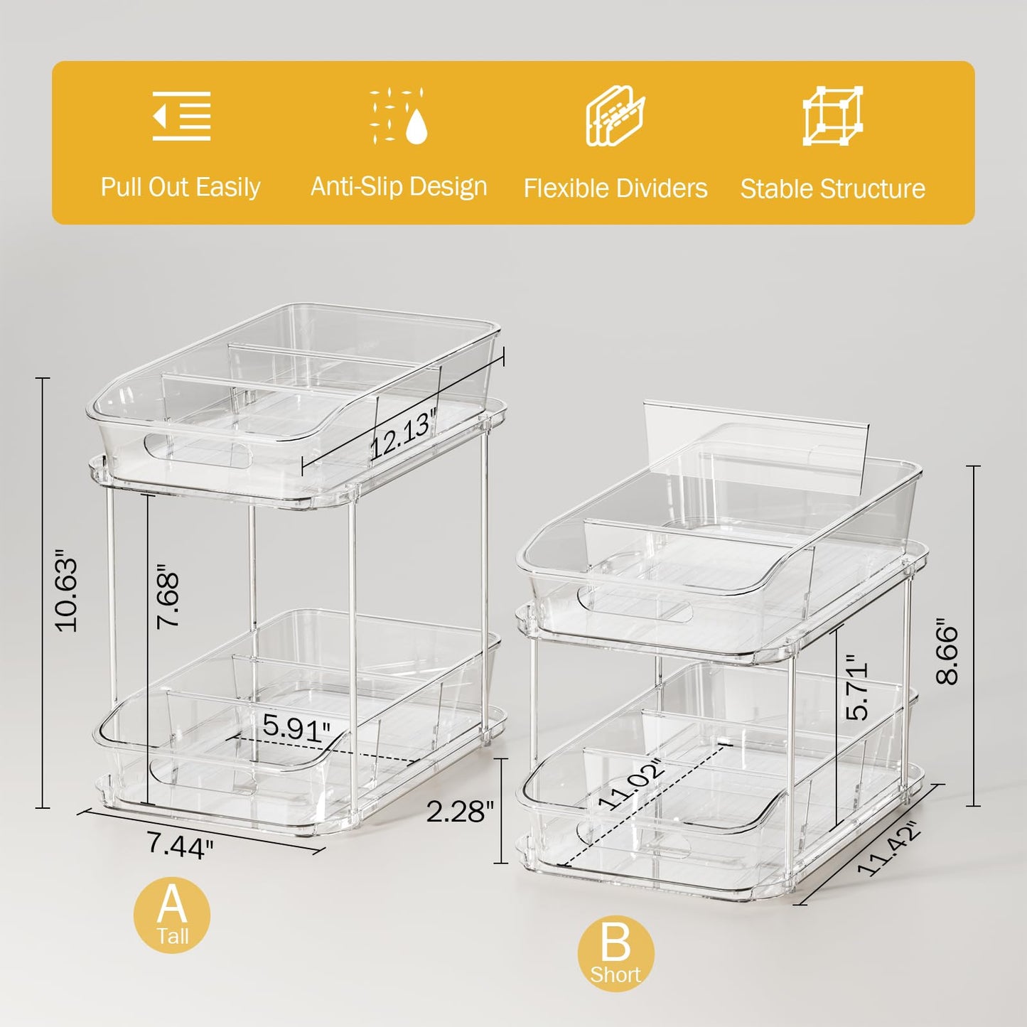 Delamu 2-Tier Under Sink Organizers and Storage, Multi-Purpose Stackable Bathroom Cabinet organizers, Pull Out Kitchen Pantry Organization and Storage with Dividers(2 Pack, Clear)