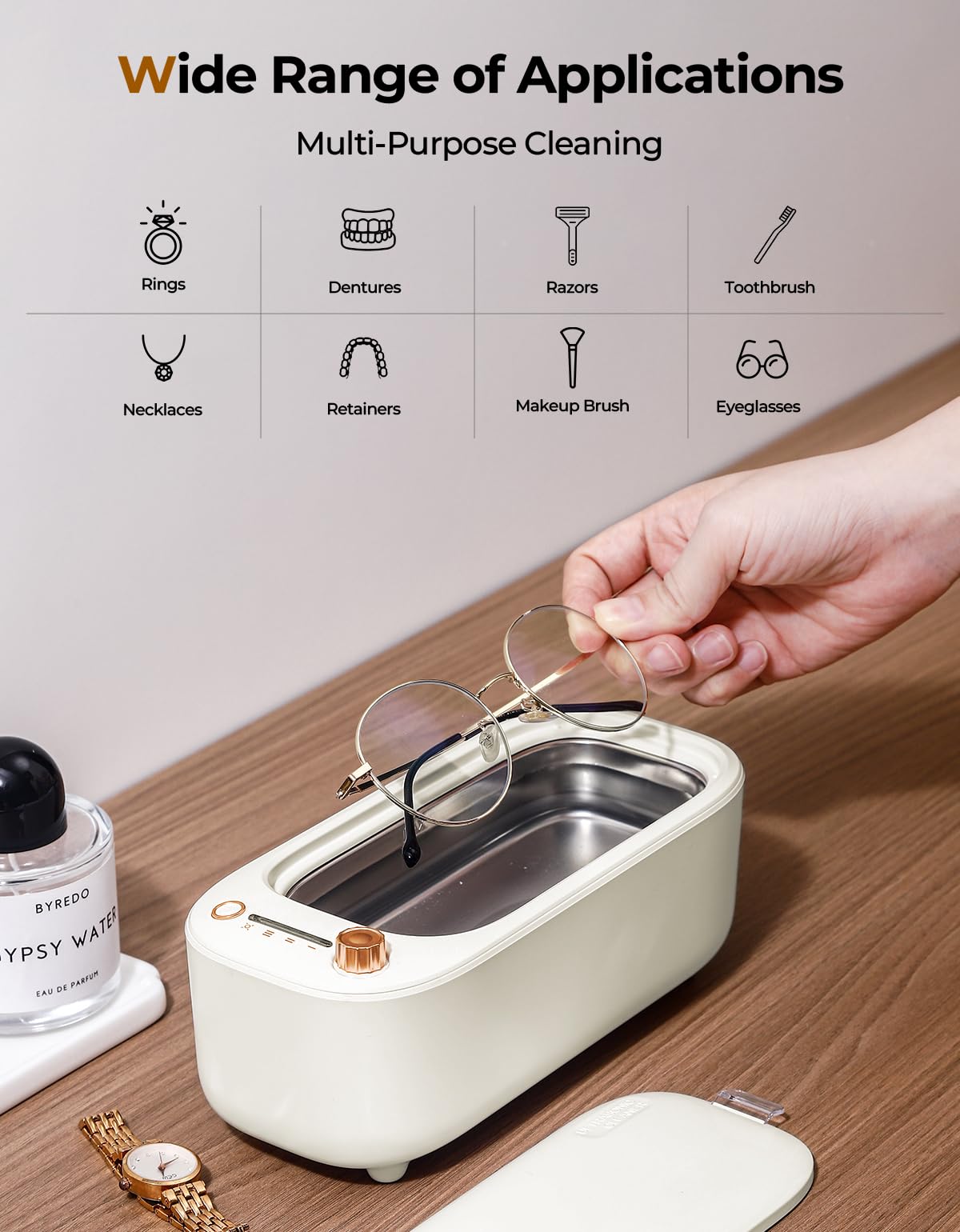 ULTRDREAMS 400ml Ultrasonic Cleaner Machine for Jewelry, Professional Electric Mini Cleaning Device with UV Light & 4 Modes for Glasses, Ring, Denture, Invisalign & Makeup Brush - Ivory