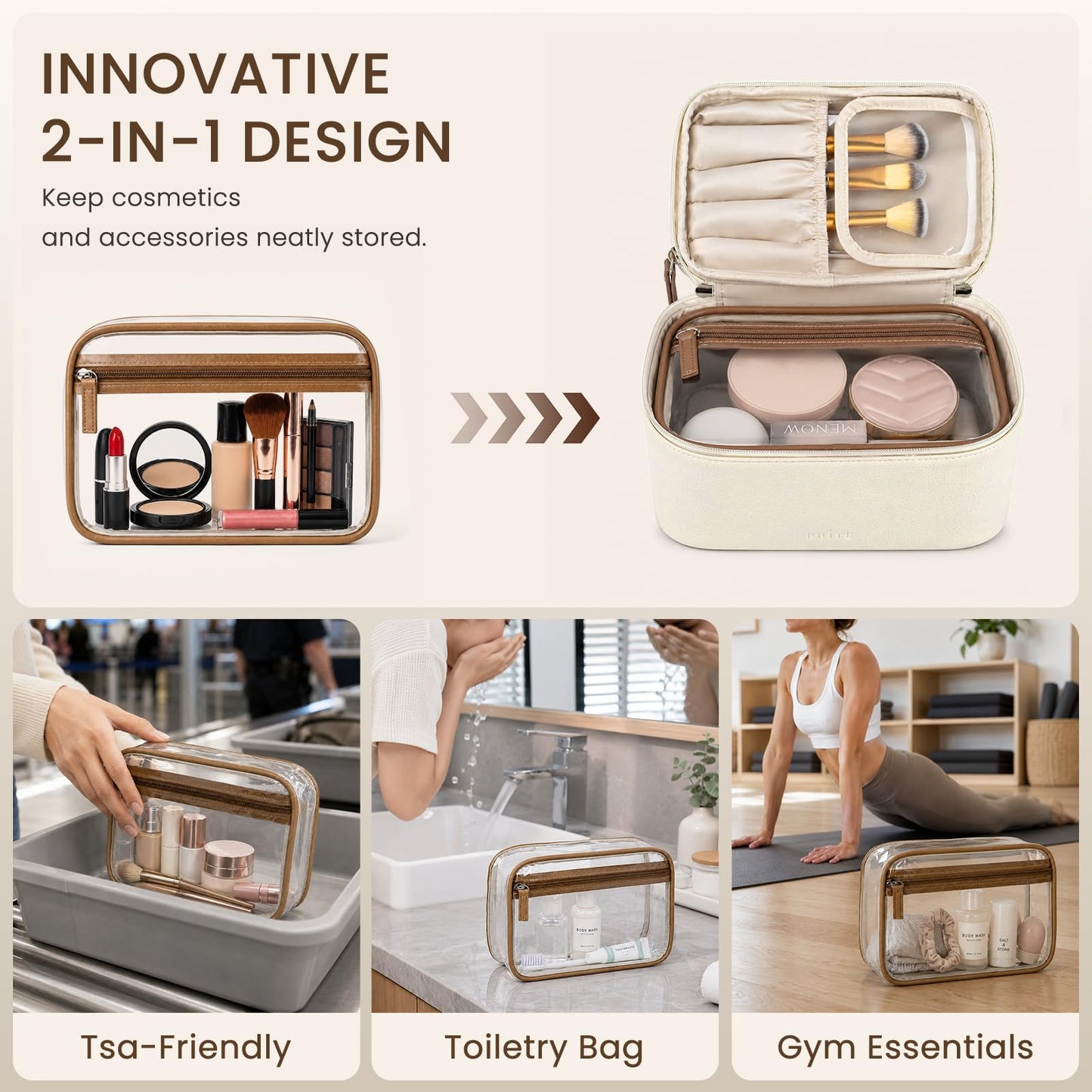 Prite 2 Pcs Makeup Bag Set Travel Cosmetic Case 2-Layer Vegan Leather Jewelry Organizer with Waterproof Clear Toiletry Bag for Women