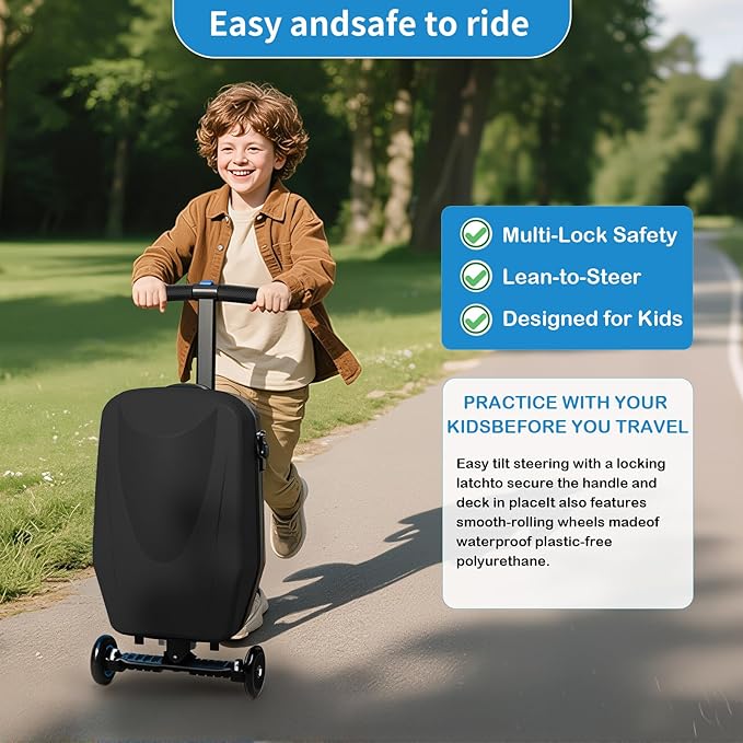 Scooter Suitcase Carry On Hardshell Ride On Suitcase Scooter for Kids Age 4-15, Multifunctional Ride On Lightweight Kids Luggage with Wheels(Size:Black)