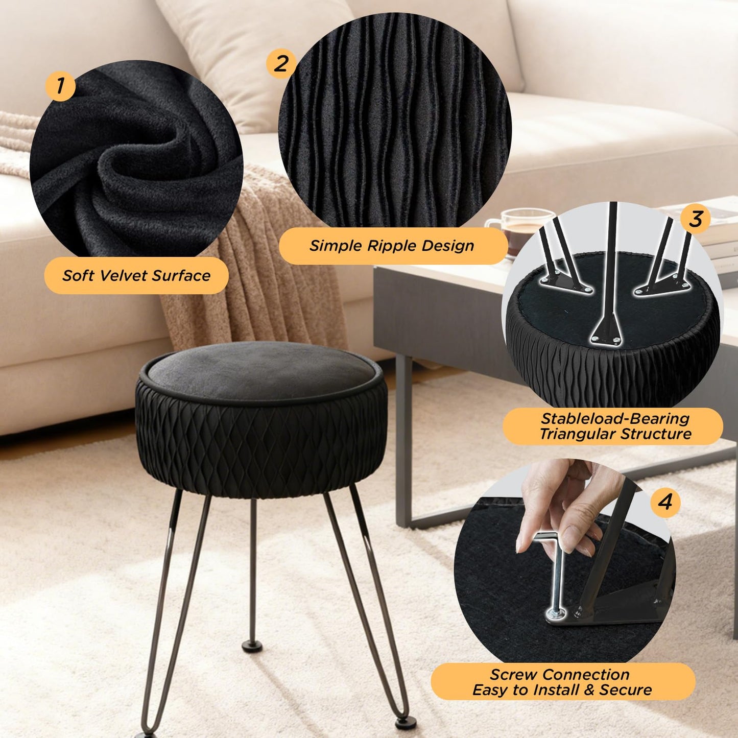 MOOWIND Velvet Vanity Stool Footrests, Round Ottoman Vanity Chairs with Anti-Slip Feet, Dressing Table Seat Foot Stool with Black Legs, Furry Padded Seat Side Table for Makeup Bedroom, Black