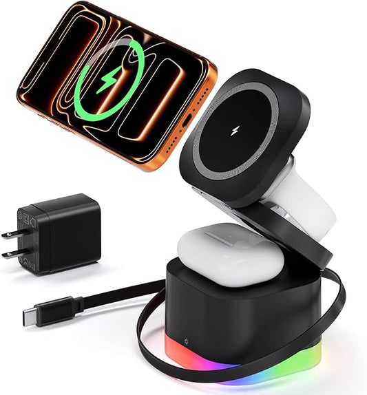 5 in 1 Magnetic Wireless Charger Stand with Night Light, Foldable Wireless Charging Station Built-in Retractable Cable, Travel Wireless Charger for iPhone 17/16/15/14/13/12, Apple Watch, AirPods Pro 3