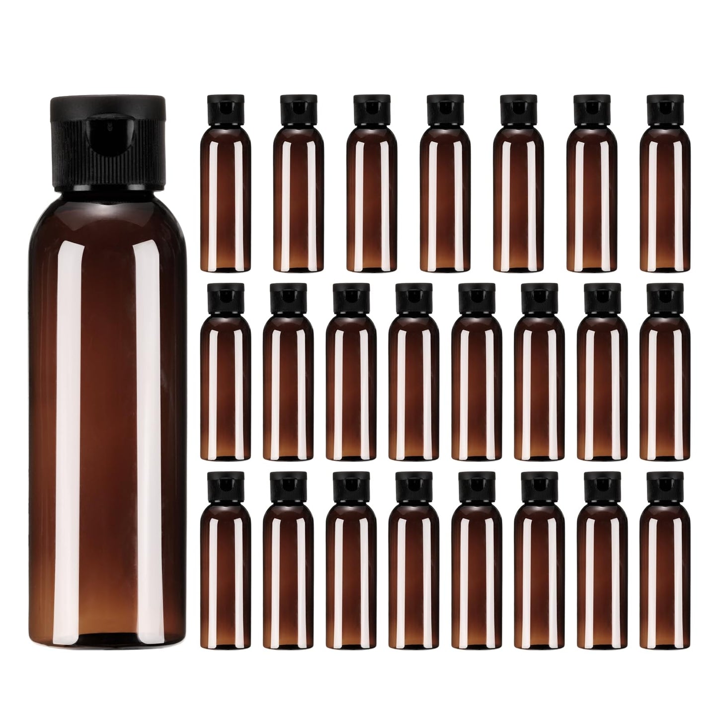 uxcell 2 Oz Plastic Bottles with Flip Caps, 24 Pcs Reusable Travel Size Containers with Lids Plastic Squeeze Refillable Dispensing Bottles for Shampoo, Body Soap, Toner(Brown Black)