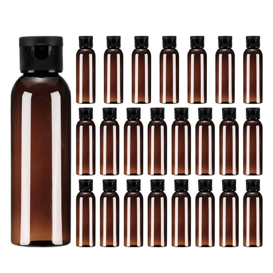 uxcell 2 Oz Plastic Bottles with Flip Caps, 24 Pcs Reusable Travel Size Containers with Lids Plastic Squeeze Refillable Dispensing Bottles for Shampoo, Body Soap, Toner(Brown Black)