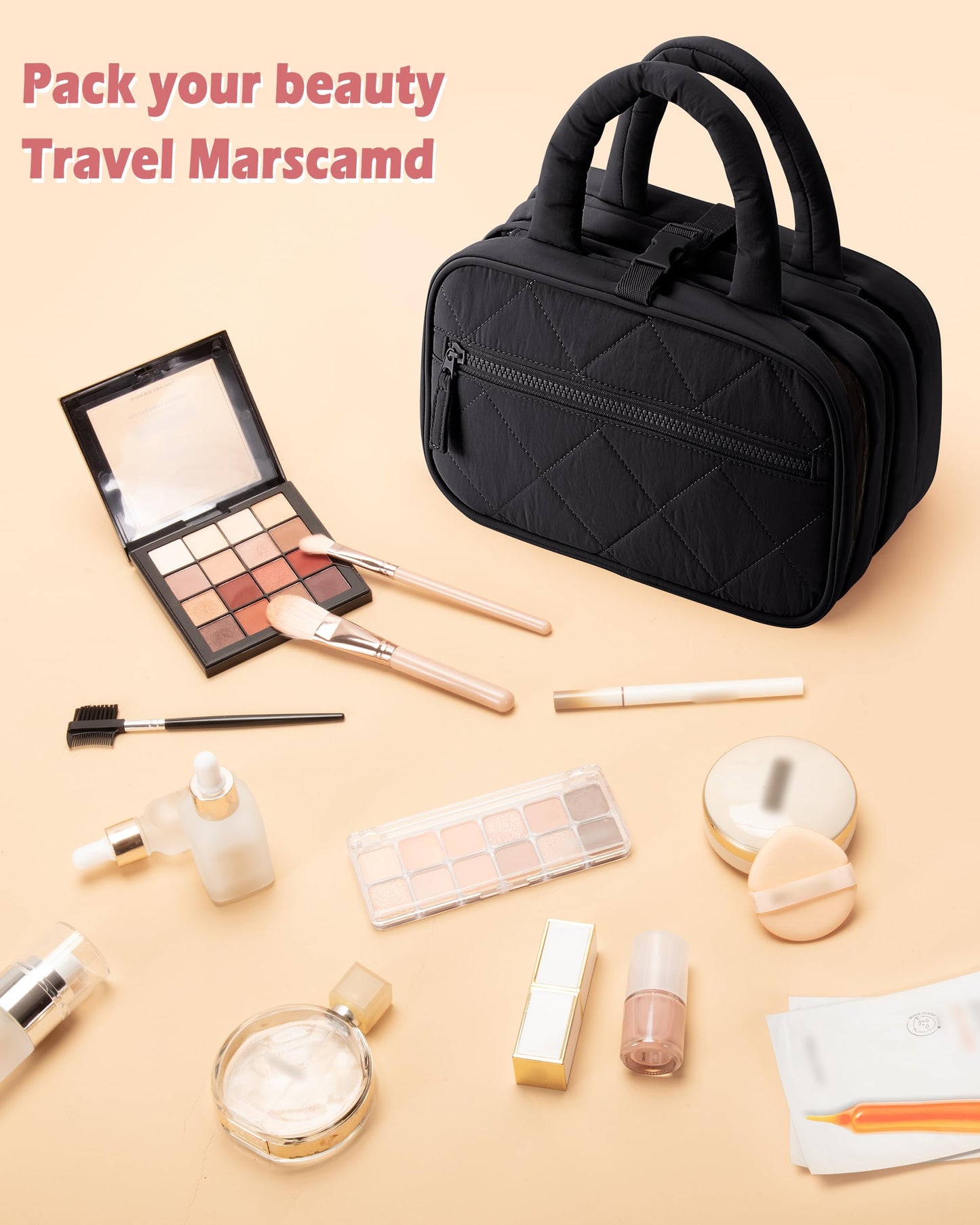 Marscamd Travel Toiletry Bag for Women with Hanging Hook, Puffy Makeup Organizer with Brushes Slots for Bathroom, Shower and Beauty Essentials, Black