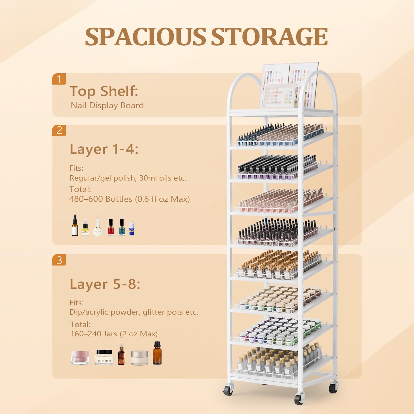OmySalon Rolling Nail Polish & Powder Display Stand - 8 Tier Mobile Nail Salon Organizer Rack with Wheels, Holds 600 Bottles & 240 Jars for Nail Artists, Salon Display, Retail Store (White)