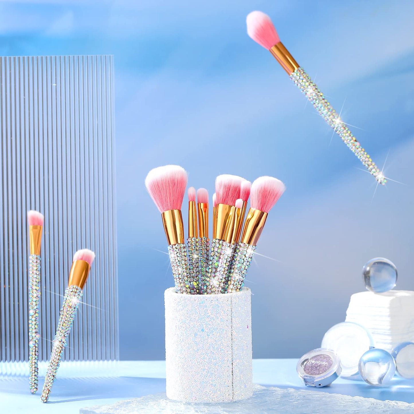 Rtteri 13 Pcs Rhinestone Silver Makeup Brushes Set Yellow Bling Crystal Professional Face Cosmetics Blending Liquid Foundation Powder Concealer Eye Shadows Make up Beauty Tool Glitter with Holder