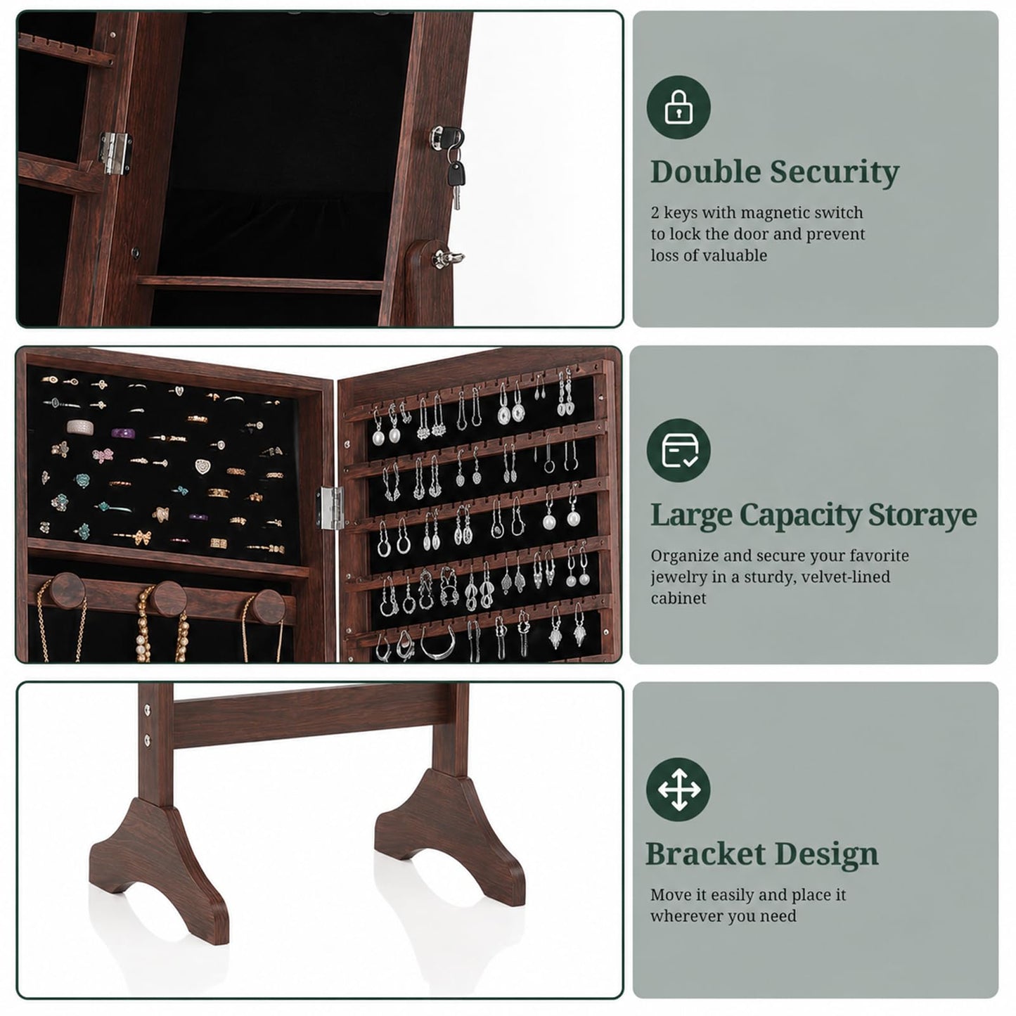 Freestanding Jewelry Armoire Cabinet, 47.3" Full Length Mirror Jewelry Organizer, Lockable Standing Jewelry Storage Cabinet with Velvet Lining, Makeup Organizer with Adjustable Angles (Brown)