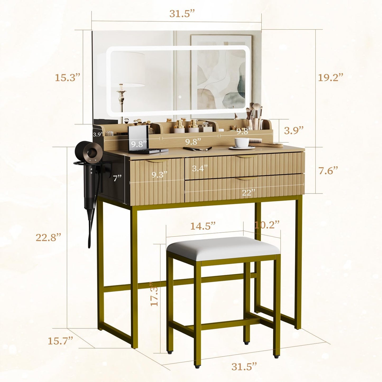 Garvee 31.5" LED Vanity Desk with Mirror and Lights, Modern Makeup Table with 3 Color Lighting Modes, Built-in Power Outlet and 3 Storage Drawers for Bedroom