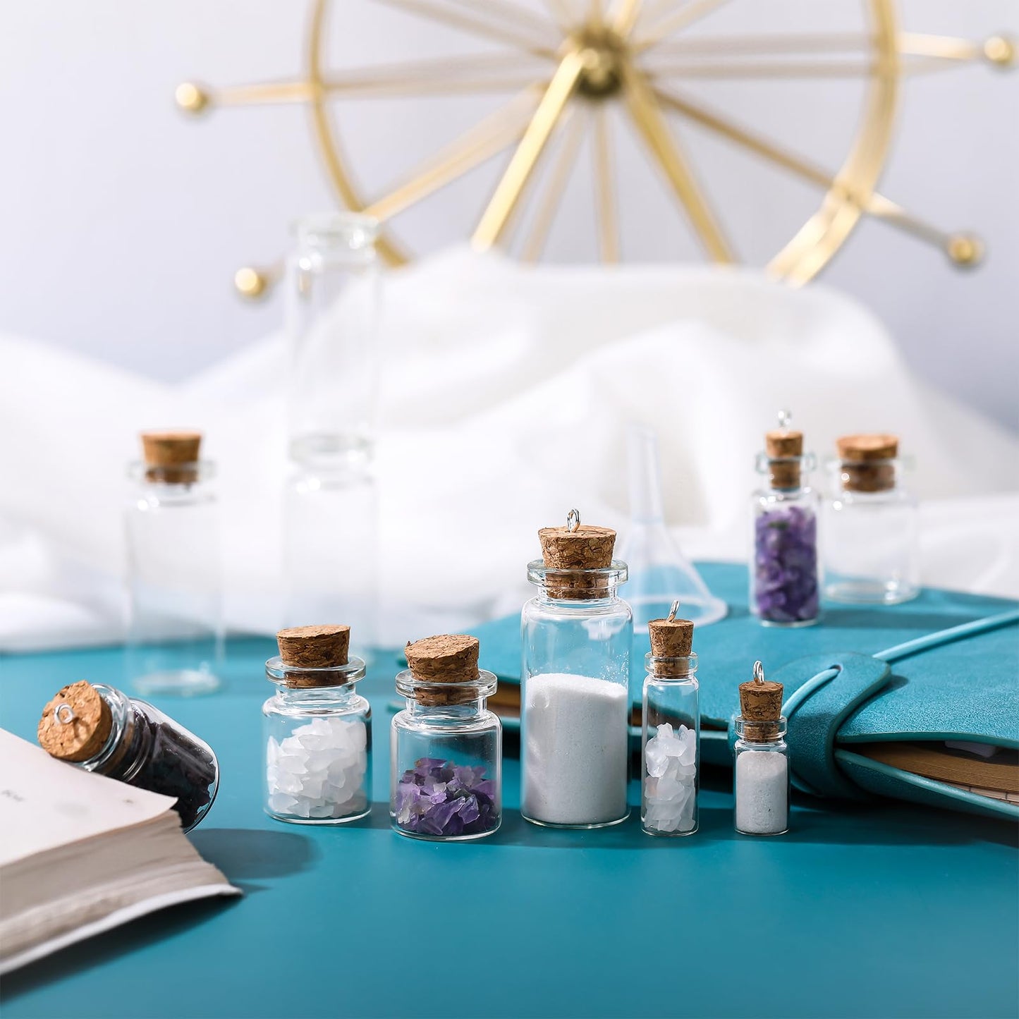 Geiserailie 45 Pcs Mini Glass Bottles with Cork Stoppers Spell Jar Mini Glass Vials Potion Bottles Clear Wishing Jars with 50 Eye Screws 3 Funnels for Party Favors DIY Art Crafts Decoration(Small)