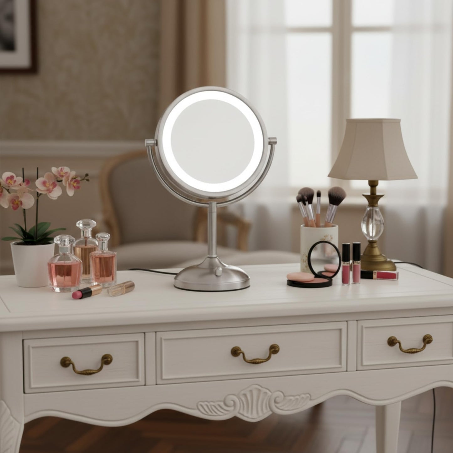 JERDON Lighted Tabletop Mirror with 10X/1X Magnification - LED Lighted Makeup Mirror with Multiple Light Settings in Nickel Finish - 8.5-Inch Diameter Vanity Mirror - Model JS8510BN