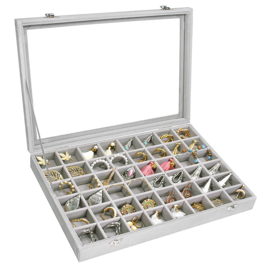 Siveit Velvet Jewelry Tray 48 Grid Jewelry Display Tray Organizer Box with Transparent Lid Rings Earrings Necklaces Pendants Display Box Suitable for Women and Girls (Grey)
