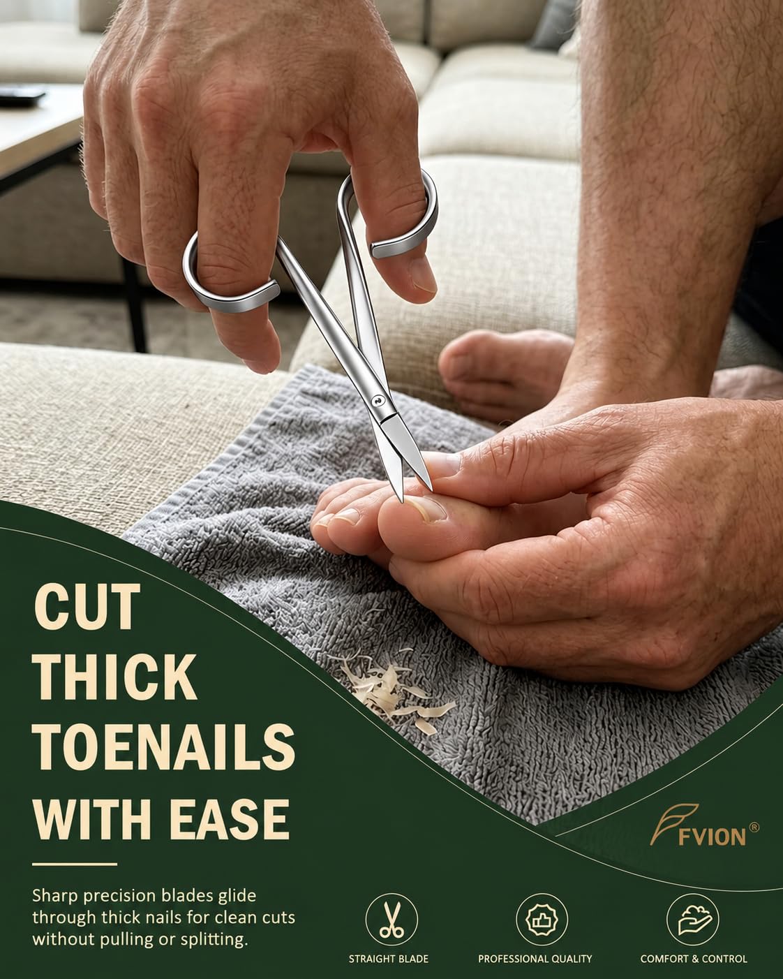 FVION Thick Toe Nail Scissors for Seniors – Precision Nail Scissor for Thick & Ingrown Nails, Stainless Steel Toenail and Fingernail Scissors with Ergonomic Handle (Silver)
