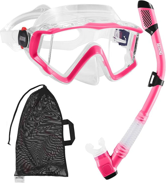 Aegend Snorkeling Gear for Adults Youth Kids, Dry Snorkel Set Panoramic View Enhanced Anti-Leak and Anti-Fog Technology, Adjustable Strap for Snorkeling Scuba Diving Swimming with Mesh Bag
