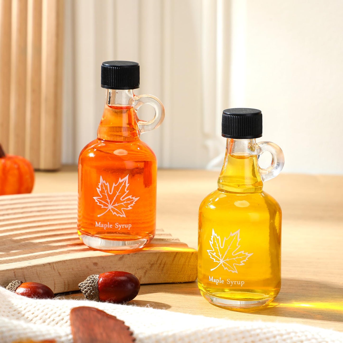 Havawish 24 Pcs 1.7 oz Glass Maple Syrup Bottles Mini Syrup Container with Loop Handle and Plastic Lids, Small Empty Jars for Oil Storage Gift