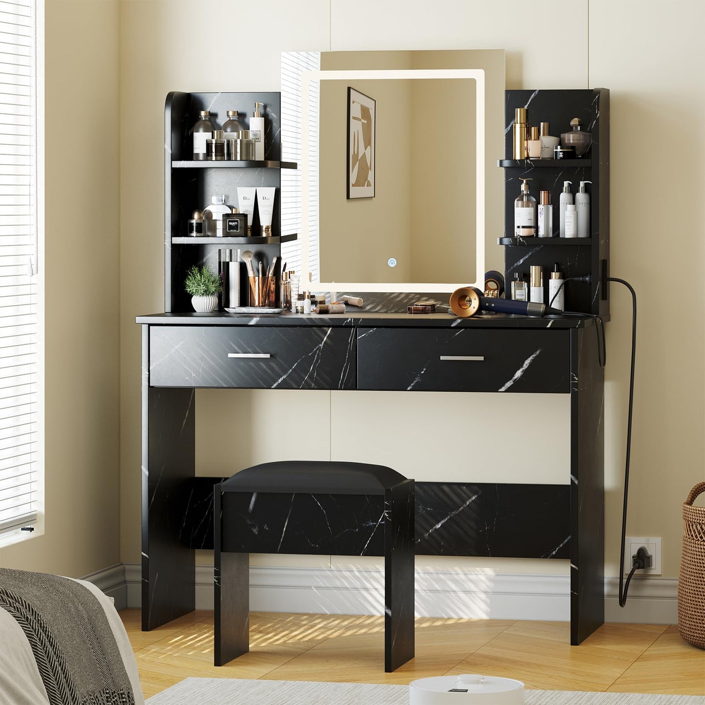 CABIHOME Vanity Desk with Lighted Mirror, Makeup Table with Power Outlet & 2 Storage Drawers, Adjustable Brightness with 3 Color Lighting Modes, Cushioned Stool, Dressing Table, Bedroom, Marble Black