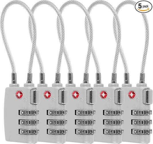 5 Pack TSA Locks for Luggage TSA Approved Luggage Locks 3 Digit Combination TSA Travel Locks Portable Cable Padlocks Zinc Alloy Body Suitcase Locks for Travel Bag Suitcase Backpack Lockers,Silver