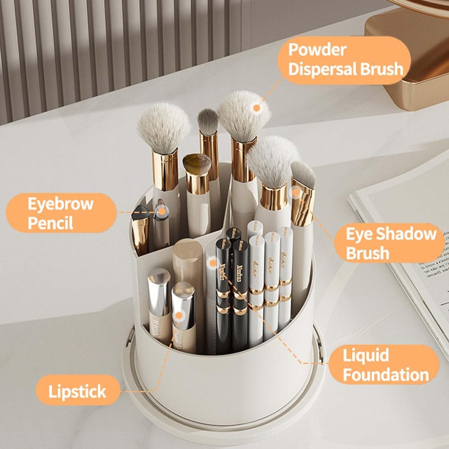Makeup Brush Holder Organizer 360° Toothbrush storage rack,Beauty Brushes Storage, Makeup Brush Holder with Lid, Waterproof Dustproof Beauty Brushes Storage for Vanity (Grey-White)