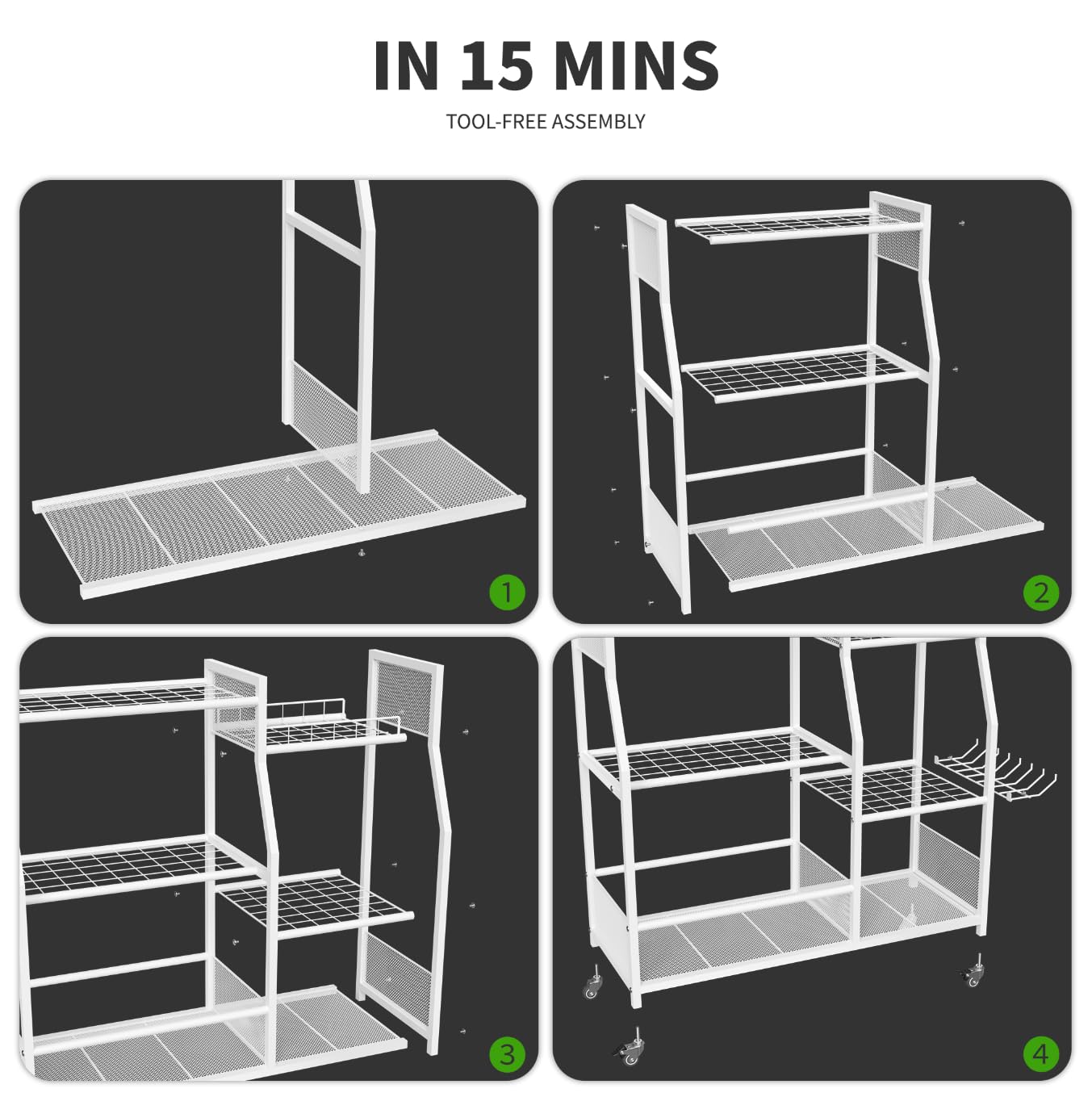 HOTEAGLE Yard Tool Organizer for Garage 35.4" Width High Stability Outdoor Metal Utility Rolling Cart with Mute Wheels, 18.5mm Thick Rods Ideal Garden Tool Rack, Easy to Clean,White