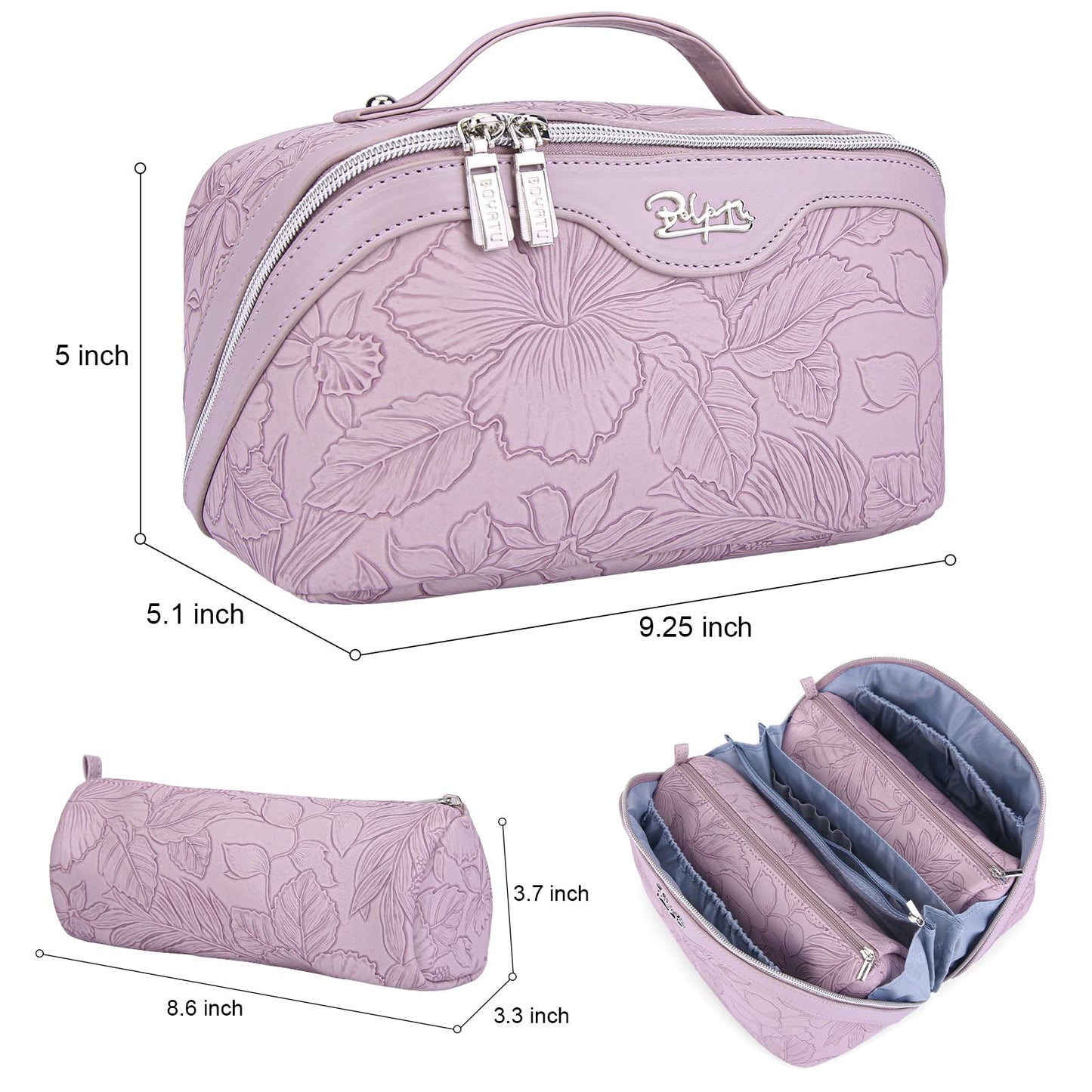 BOYATU Travel Makeup Bags Cosmetic Organizer Bag: 3-Set Large Capacity Make up Bag - PU Leather Toiletry Bags for Women - Wide Open Portable Pouch with Divider & Handle (01-Z-Light Purple)