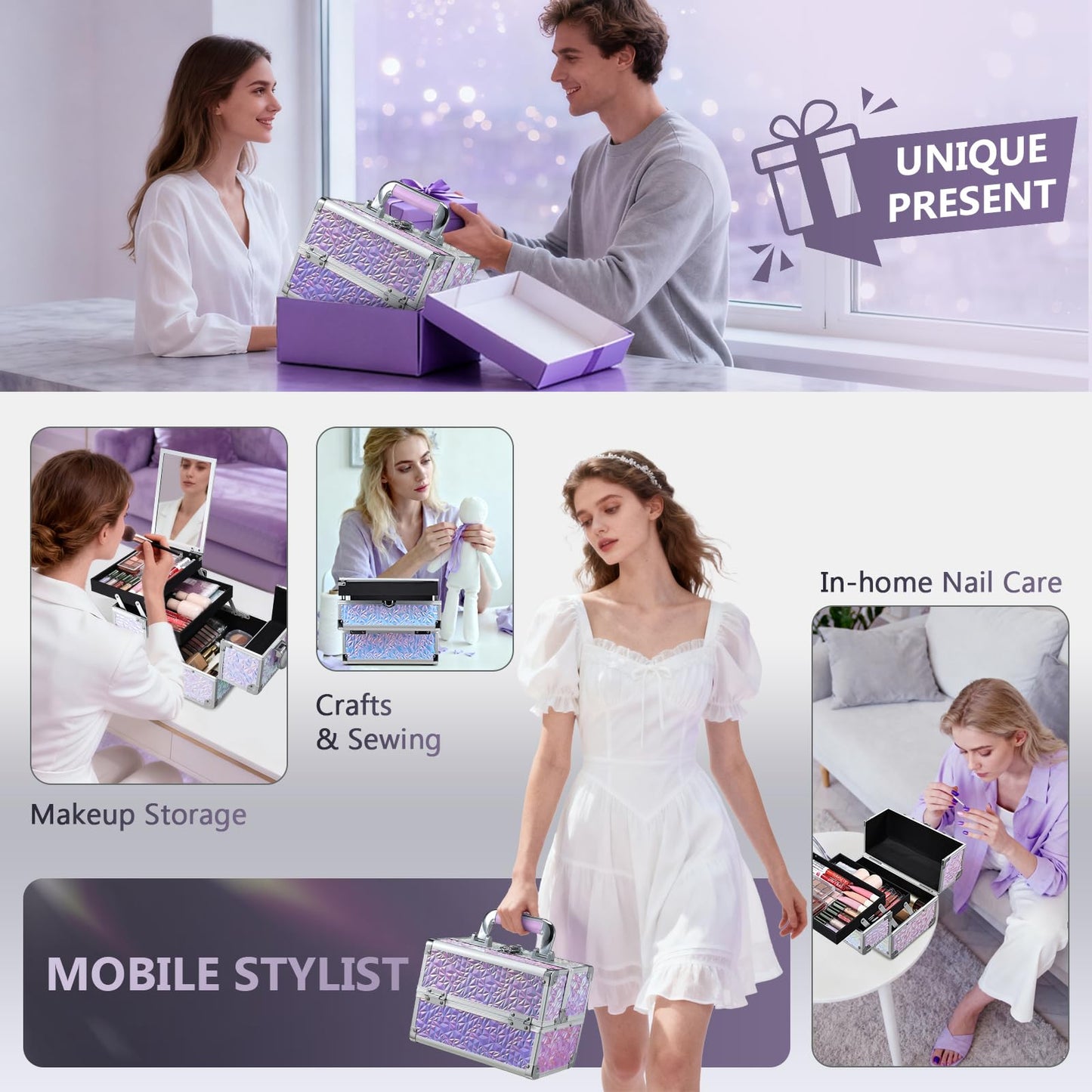 Joligrace Makeup Train Case Makeup Case Organizer Portable Cosmetic Box Storage with 2 Trays Mirror Locking with Keys Make Up Travel Case Nail Kits Traveling Makeup Box Shiny Purple