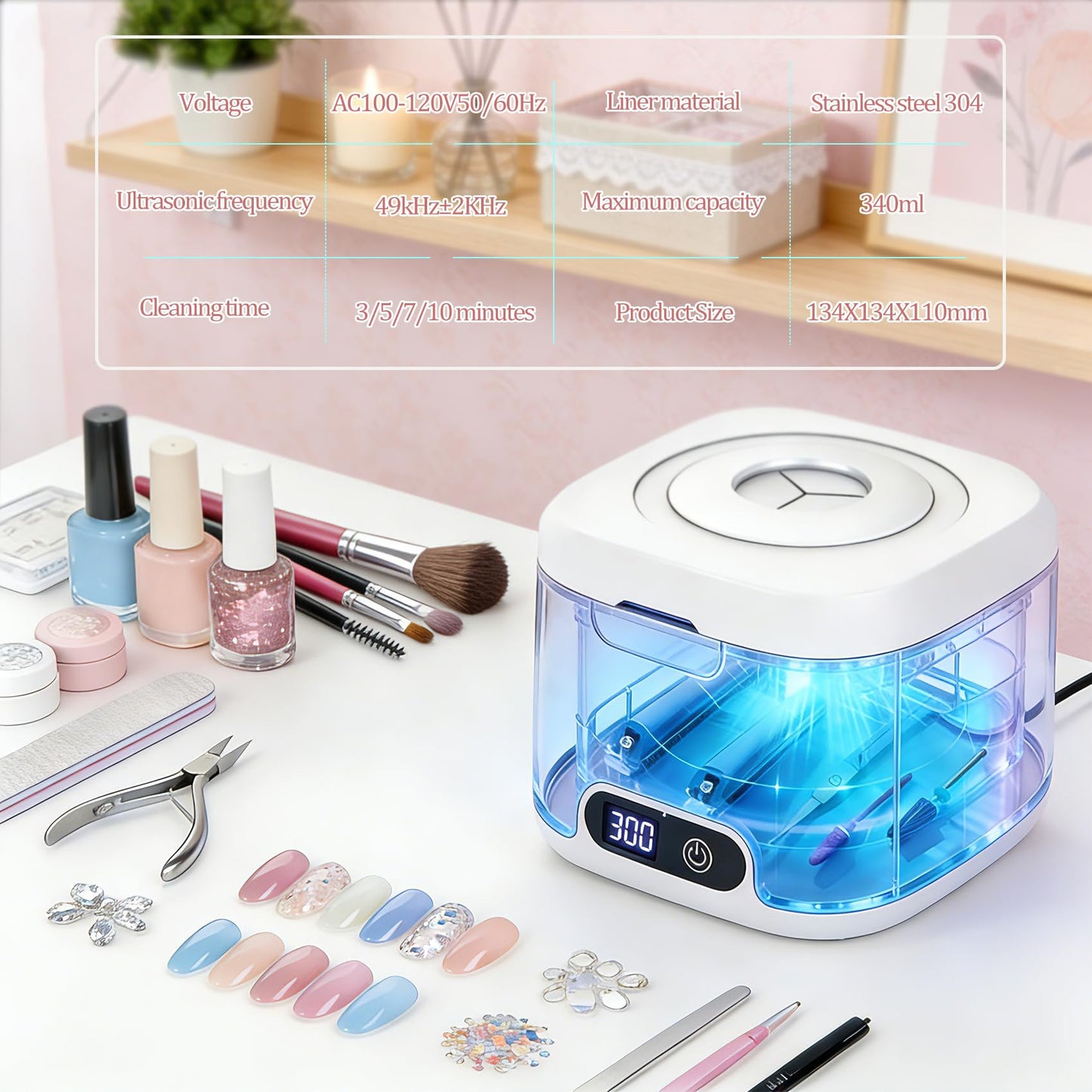 2-in-1 Nail Tools Cleaner Machine with 4 Timers Mode, 49kHz High-Frequency Vibration Ultrasonic, for Nail Drill Bits/Brushes/Nail Clippers/Jewelry, etc. Professional Salon & Home Kit, 5 Years Warranty