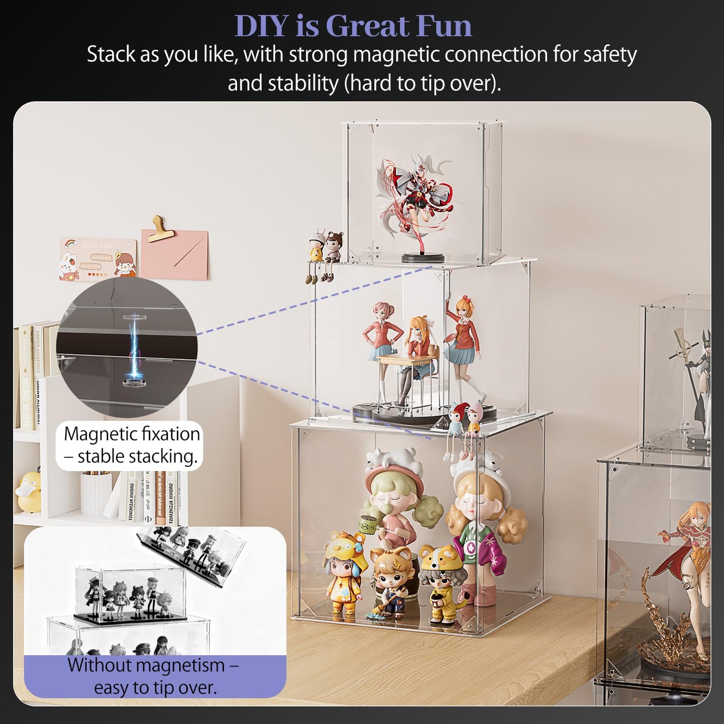 Clear Acrylic Display Case for Figures, 3 Tier Stackable Storage Bins with Magnetic Door,Acrylic Boxes for Display, Clear Storage Box for Collectibles Cosmetic Perfume Organizer，Home Or Office
