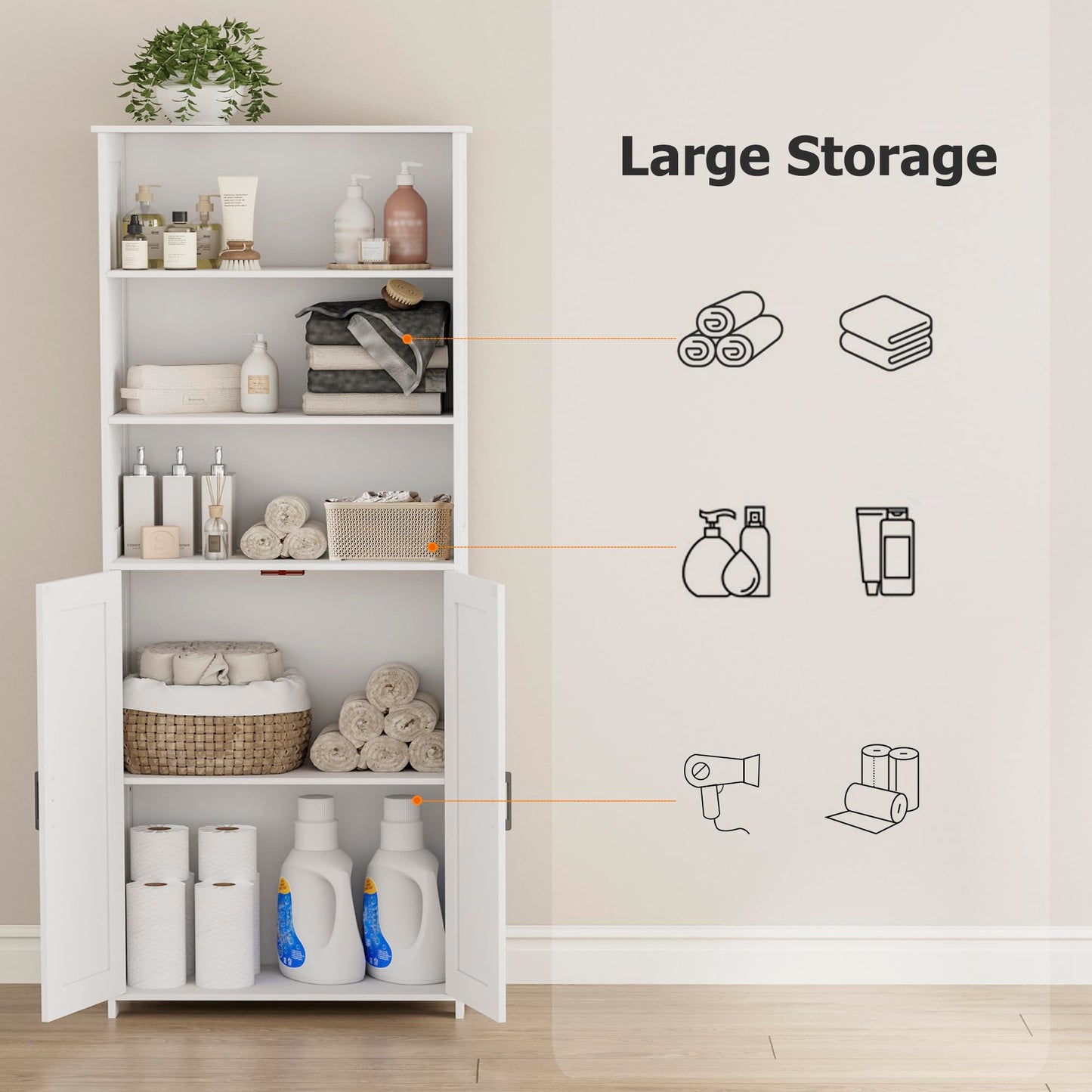 Homhedy 67" Tall Bathroom Storage Cabinet, Freestanding Farmhouse Cabinet with 2 Doors and Adjustable Shelf, Bathroom Organizers and Storage for Kitchen, Living Room, Laundry Room, White
