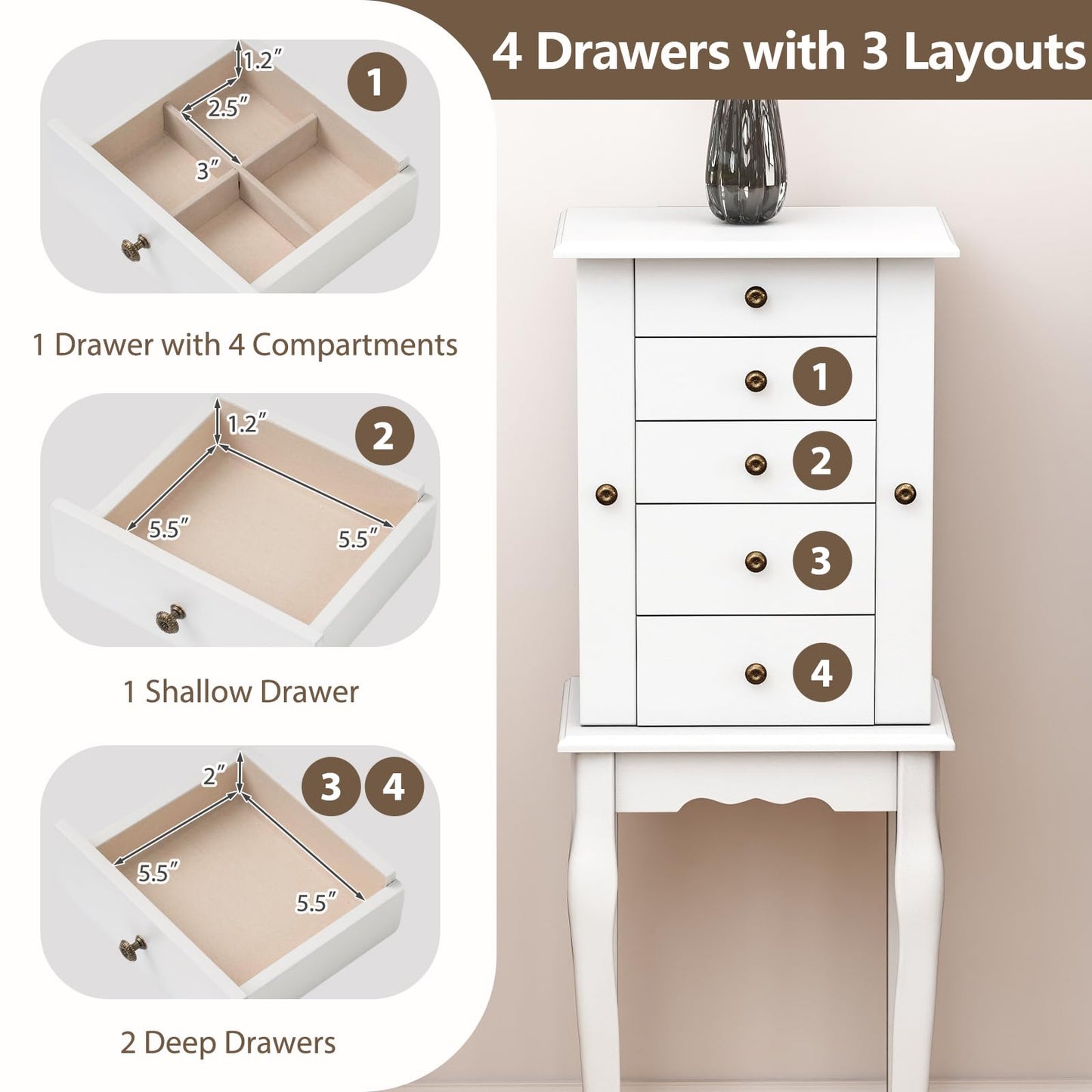 Giantex Standing Jewelry Armoire Cabinet with 4 Drawers, Flip Top Mirror, Top Storage Compartments, 2 Side Doors with 8 Necklace Hooks, Freestanding Jewelry Organizer Box Chest (White)