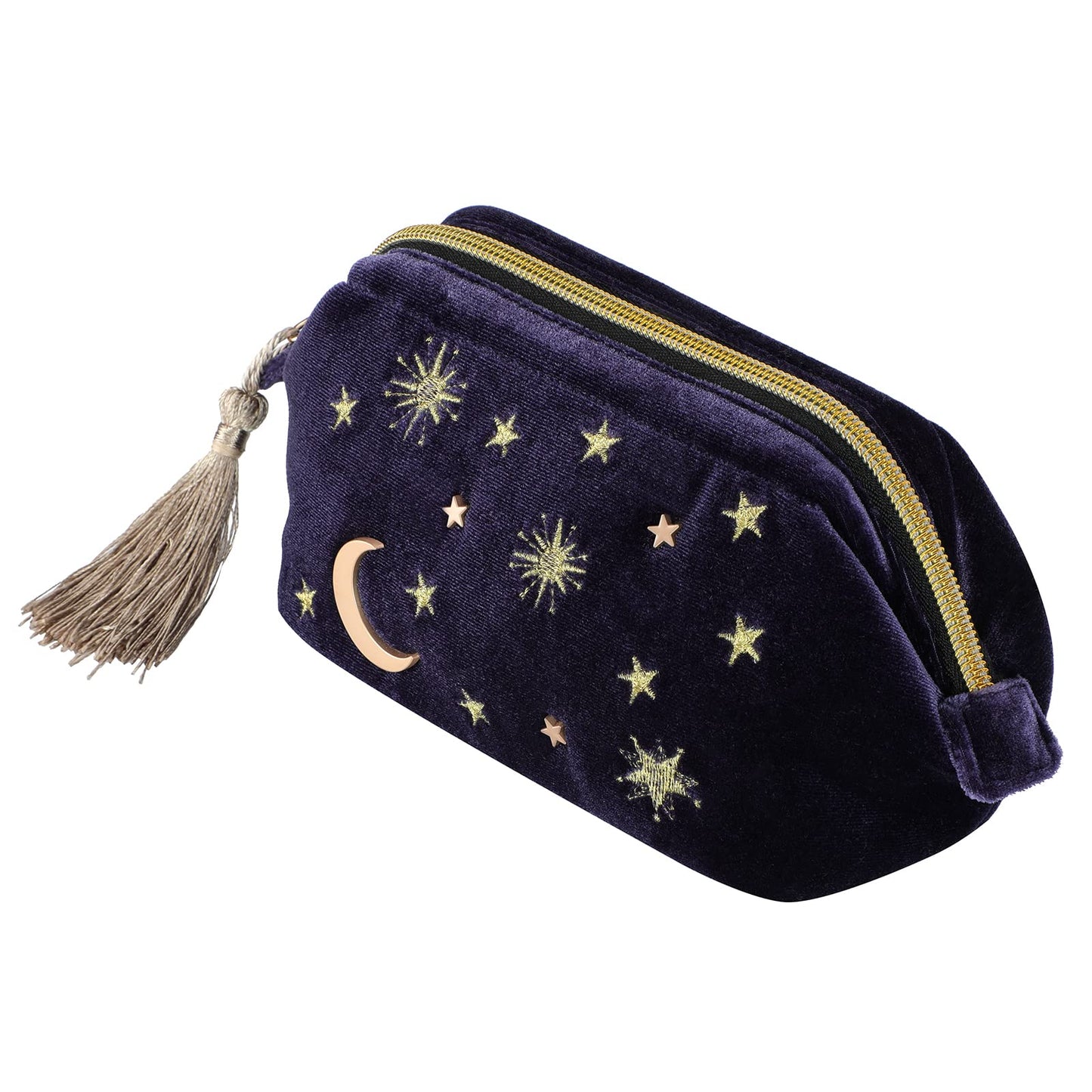 SZZCX Handy cosmetic makeup bag,Navy Velvet Embroidered Applique Moon Stars Cosmetic Bag,Starry Makeup Pouch with Tassels & Pearl Zipper,Beautician Storage Bag
