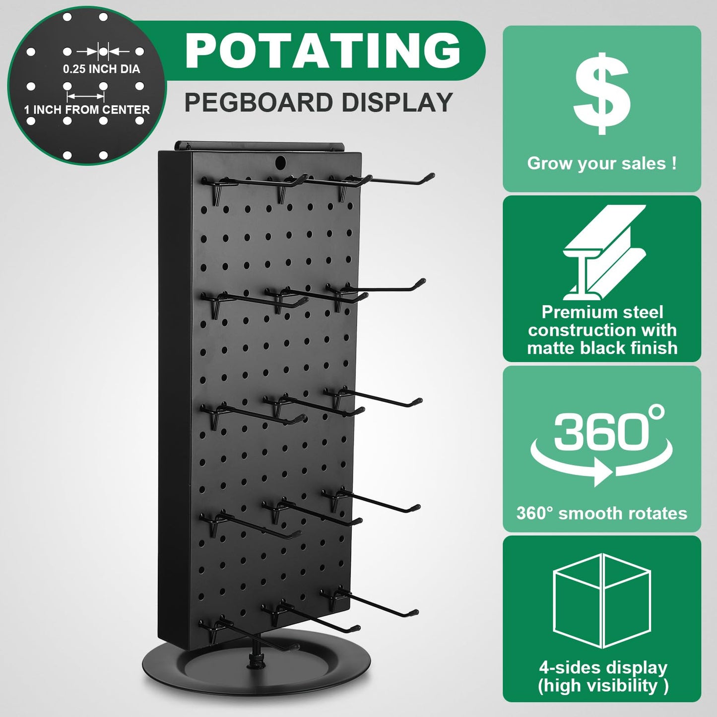 Leinuosen Rotating Display Stand Revolving Black Pegboard Counter Unit 8'' W 20.67'' H 2 Sided Pegboard Display Stand Rack Organizer with 20 Pcs 4'' Hooks for Jewelry Vendor Craft Shows Retail Counter