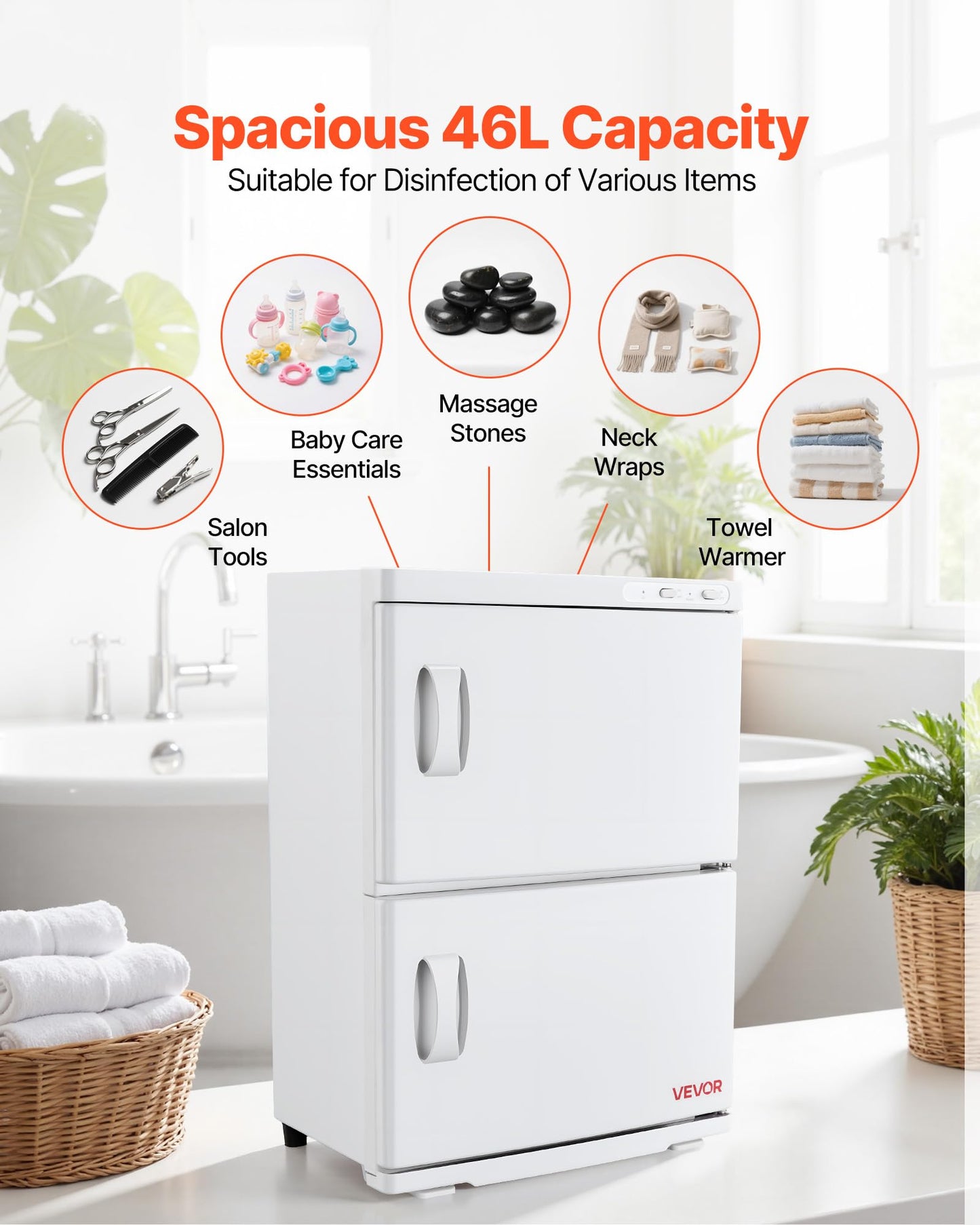 VEVOR Hot Towel Warmer, 46L Large Capacity 2-Tier Towel Warmer Cabinet with Clip & 4 Stainless Steel Racks, Holds up 48 Towels, All-Round Heating Cabinet for Spa, Barber, Manicures, Massage, Salon