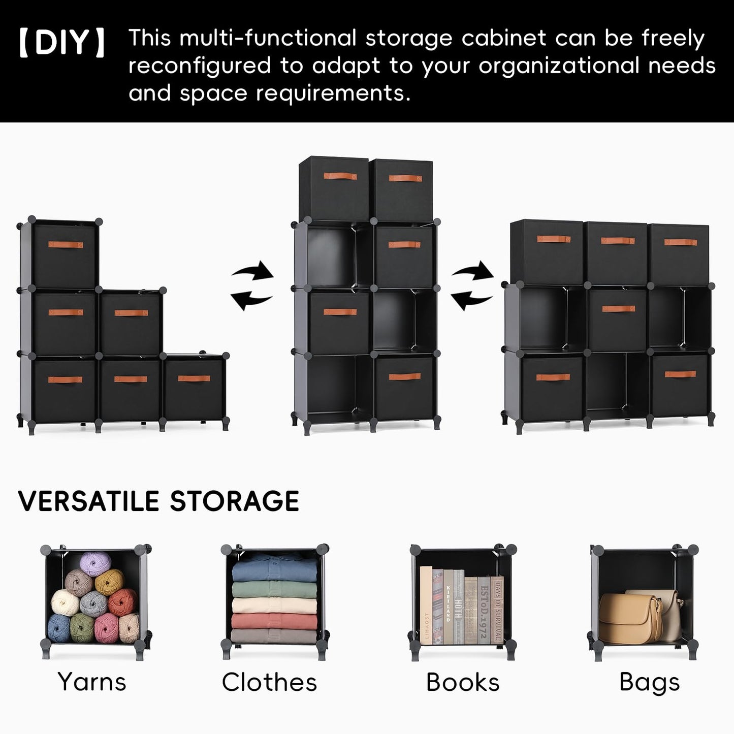 Snuvid Cube Storage Organizer with Storage Bins, 6-Cube Shelves Units with 6 Organizer Bins, DIY Plastic Storage Shelves with Mallet, Closet Clothes Storage Shelves for Home, Bedroom, Living Room