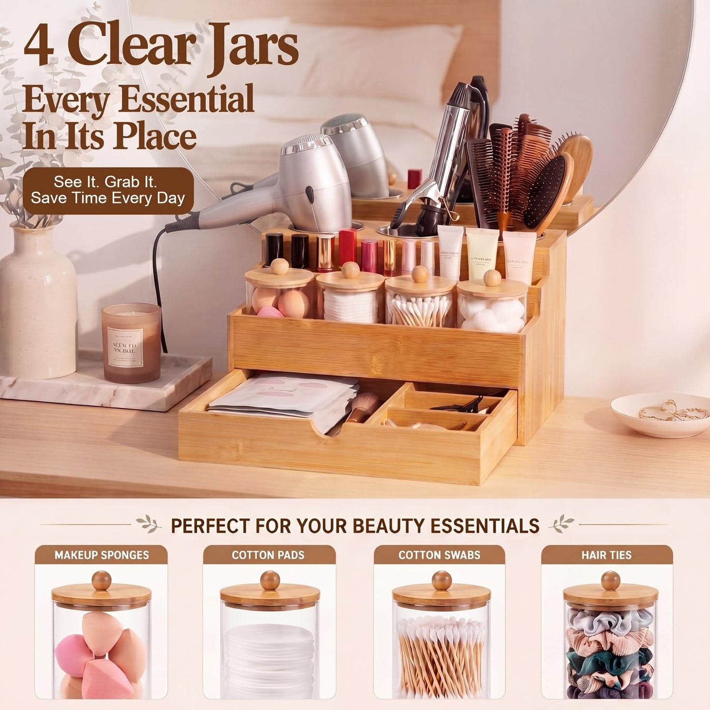 Havawish Hair Tool Organizer with Drawer Bamboo Bathroom Countertop Organizer with 4 Plastic Cotton Ball Holder Countertop Blow Dryer Holder Vanity Caddy Storage Stand for Hair Accessory, Makeup